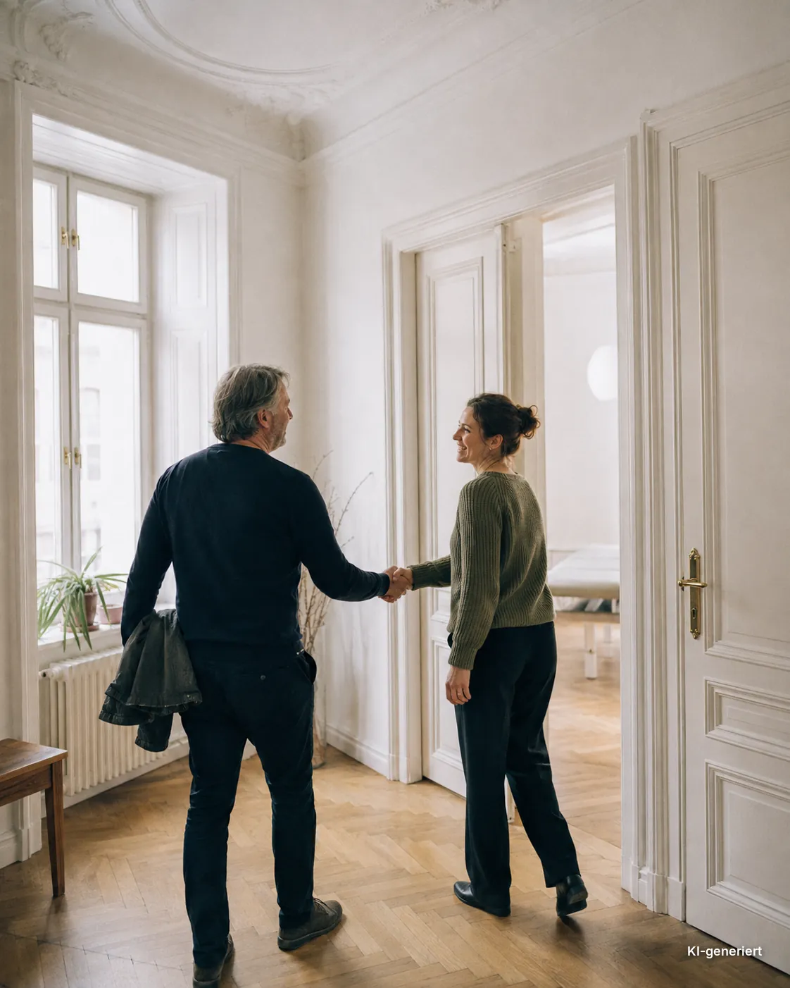 KI-generiertes Bild: Therapeutin begrüßt einen Patienten per Handschlag im Eingang einer Wiener Altbau-Praxis